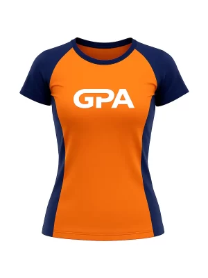 Camiseta de Corrida Baby Look Feminina 100% Poliamida Laranja e Azul